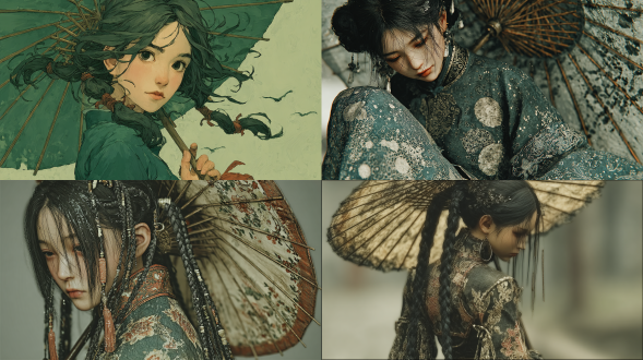 少女，黑色古风复杂盘发编发双马尾长发，发量惊人，长发及腰，凌乱飞舞的发丝，身材凹凸有致，流体水墨，水墨青绿古风裙，，手里持有一把墨色油纸伞，油纸伞面有图案背景是水墨山水之间，背景虚化。ue5渲染，电影级质感。