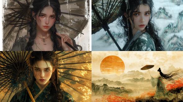 少女，黑色古风复杂盘发编发双马尾长发，发量惊人，长发及腰，凌乱飞舞的发丝，身材凹凸有致，流体水墨，水墨青绿古风裙，，手里持有一把墨色油纸伞，油纸伞面有图案背景是水墨山水之间，背景虚化。ue5渲染，电影级质感。