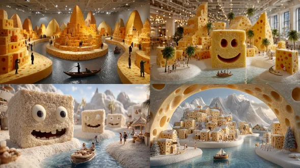 a landscape made entirely of cheese, with mountains and rivers formed by melted milk. in the center is an island covered in customary cheese blocks. a small boat floats on it. on top of each block of cheese stand white spots like holes or cartoon eyes, which give them a cute appearance. the sky above glows a warm yellow. people can be seen enjoying their time there, such as taking photos or playing sports. this scene creates a cheerful atmosphere that makes one feel happy.