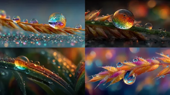 极简主义的微距自然摄影，一颗早晨露珠停在一片草叶上的极致特写，将阳光折射成微小的彩虹色调。柔和的自然光线，浅景深，奶油色的虚化背景，强调大自然的纯净和宁静。