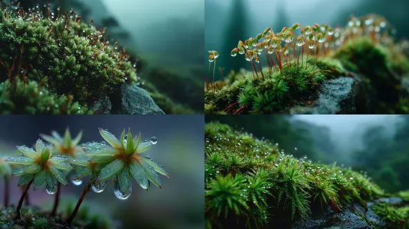 极简主义微距摄影，拍摄带有微小水珠的绿色苔藓，轻柔晨雾环绕。柔和漫射光、朦胧氛围、淡绿色调，呈现梦幻且冥想的画面。