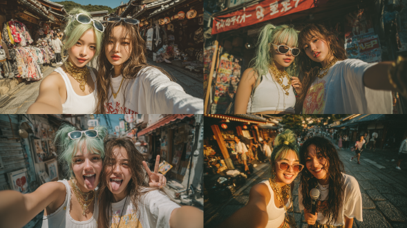 这张照片显示了日本街头的两个亚洲姐妹。一个妹妹，长着浅绿色的头发扎成马尾辫，穿着白色背心和短裤。她拿着麦克风，戴着白色太阳镜和金色达拉米苏项链在镜子前自拍。另一个妹妹留着又长又乱的棕色头发，穿着一件超大的白色t恤，手里拿着麦克风。温暖的自然光创造了一种逼真、自然和照片级的风格。