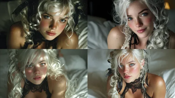 超写实风格，一位拥有偶像颜值的年轻北欧女性。她留着银白色长卷发，发丝柔软；身着设计精致的蕾丝吊带裙，裙身点缀黑色缎带。她优雅地卧在白色床榻上，双颊泛着淡淡红晕，露出腼腆却不失优雅的微笑。柔和光线洒在面部，肌肤呈现自然光泽；轻薄面料贴合身形，尽显含蓄柔美。卧室采用电影感打光，突出柔和氛围与静谧私密感，面部细节清晰锐利，发丝质感顺滑，衣料褶皱与光线反射刻画细腻，整体呈现偶像级视觉风格，兼具梦幻感与电影氛围感。