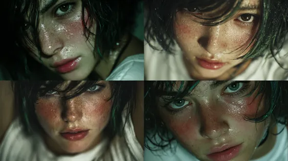 超写实风格，一位拥有偶像颜值的年轻美国女性。她留着黑色短鲍勃头，发间点缀细微青绿色挑染；身着湿透的白色t恤，衣物紧贴身体，清晰呈现湿布料的自然褶皱与半透明质感。她站在明亮的定向光源下，水珠顺着肌肤缓缓滑落，双颊带着淡淡红晕，目光腼腆却极具吸引力。电影感打光精准捕捉湿布料纹理，光滑肌肤上的光泽亮点清晰可见，面部轮廓锐利分明，湿润发丝真实自然，水珠反光柔和细腻，整体展现偶像级气场，氛围饱含情感且极具细腻电影感。