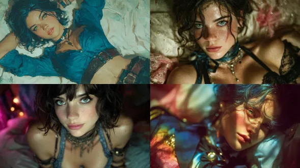 超写实风格，一位拥有偶像颜值的年轻西班牙女性。她留着深蓝色短波浪发，眼眸呈翠绿色；身着藏青色时尚服饰，搭配精致配饰。她卧在柔软床榻上，背景采用电影感打光。画面中隐约可见两条男性手臂，分别置于她身体两侧——一只靠近肩头，另一只靠近腰际。整体氛围优雅梦幻，光线柔和且具电影感，面部对焦清晰，神情沉稳自信，饰品细节精致入微，背景为柔和的淡彩色面料，画面高清，电影感景深效果突出。