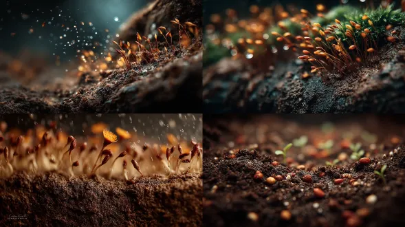 极简主义的微距自然摄影，潮湿的土壤质地，小苗出现，土棕色调，自然日光，浅焦，干净有机的美感。