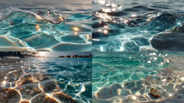极简主义微距摄影，阳光在清澈的浅水下折射，产生几何涟漪和反射，从银色到绿松石色的柔和渐变，抽象极简主义。