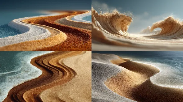 极简主义微距摄影，光滑的金色沙滩具有单一的风形成曲线，细腻的纹理细节，阳光从琥珀色到白色的渐变，宁静的抽象。