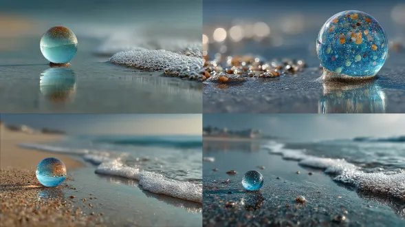 极简主义微距摄影捕捉了海岸线湿沙上的单个气泡、闪闪发光的反射、淡蓝色调、柔和的晨光、平静而简约的构图。