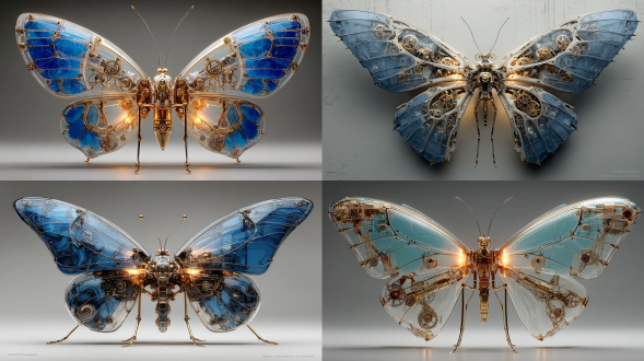 具有中空骨骼结构的机械蝴蝶，展示了复杂的内部机械、齿轮系统和精密部件。发光的蓝色和金色光芒从核心内部发出，照亮金属框架。以平滑的灰色背景为背景，高度细致，电影般的灯光，高真实感，辛烷值渲染，对称的构图。