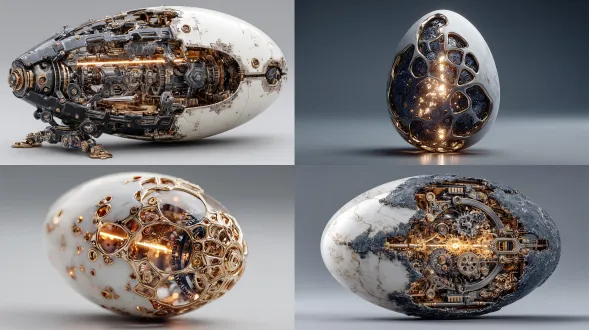 具有中空骨骼结构的机械蛋，展示了复杂的内部机械、齿轮系统和精密部件。发光的白色和金色光芒从核心内部发出，照亮金属框架。以平滑的灰色背景为背景，高度细致，电影般的灯光，高真实感，辛烷值渲染，对称的构图