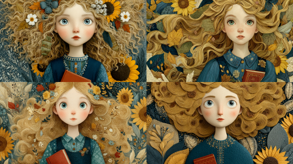 可爱的异想天开插图，一个小女孩，有着富有表现力的大眼睛，红润的脸颊，一头飘逸的金色长发，装饰着野花和树叶，穿着蓝色无袖连衣裙，外搭点缀衬衫，手里拿着一本红色的小书，周围环绕着向日葵和花卉细节，温暖柔和的色彩，儿童读物风格，纹理铅笔和水彩画造型