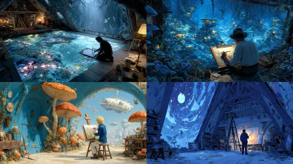 梦幻般的工作室，一个人在无限的画布上作画，蘑菇在脚下发光，仙女在画笔周围飞舞，不明飞行物在远处盘旋，每一笔都露出星星，小屋核心遇见萨尔瓦多·达利超现实主义与魔幻现实主义