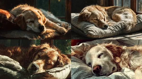 柔和的色调，睡在狗垫上的金毛猎犬，描绘爪子抽搐的温馨动人的场景，少女漫画般的柔软触感，细致的描绘，柔和的灯光，高品质的插图