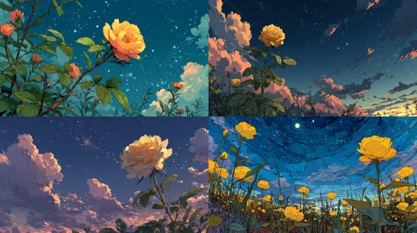 黄玫瑰， 4k， 超高清， 怀旧， 洛菲美学艺术， 复古， 一些金色闪光， 梦幻多彩的夜空， 天空中的星星， 美丽的云彩， 波普艺术， 插画艺术， 数字图形， 美丽的风景， 美丽的黑暗天空