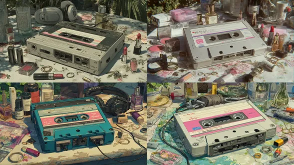 桌子上的老式盒式磁带播放器，顶视图，中等尺寸，里面有盒式磁带，旁边是塑料盒，耳机缠结。桌上的玩家周围散落着口红、香水样品、钢笔、戒指等东西，自然柔和的光线，2000年代的动漫画风，画面中有划痕和噪点