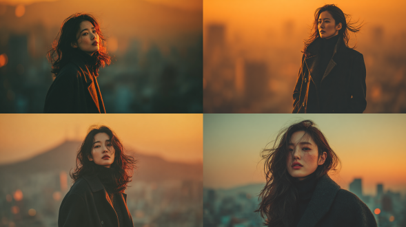 一张用于专辑封面的艺术感写实照片，描绘了一位 20 多岁、身材高挑的美丽韩国女性独自站立，带着深沉的忧郁感。她的外貌，包括一头乌黑的长发和深色的定制大衣，与参考图中的女性完全一致。她站姿优雅，或许背部微微对着观者，或许凝视着远方，传递出孤独感。低角度太阳投下的温暖氛围光，柔和地勾勒出她的身形与发丝，拉出修长而柔和的影子。背景是模糊、遥远的城市，沐浴在黄昏的暖色调中，突显她孤独却优雅的存在。
