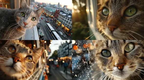 一只好奇的猫直视镜头的特写镜头，胡须在晨光下闪闪发光，坐在城市窗台上，超逼真，用智能手机相机拍摄，自然光，浅景深，玻璃上的柔和反射，轻微的镜头眩光，不完美的手持取景，舒适的城市氛围