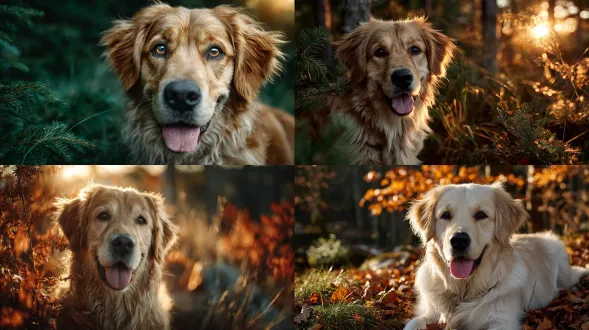 金毛猎犬直接对着镜头微笑的特写镜头，伸出舌头，阳光透过树林，超逼真，用智能手机相机拍摄，暖色调，浅景深，草和树叶柔焦，偷拍手持镜头