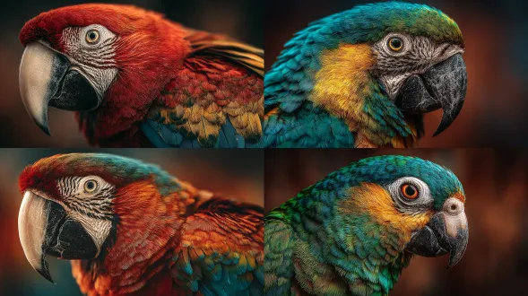 五颜六色的鹦鹉歪着头的特写，一只眼睛直视着相机，热带光线，超细致的羽毛，智能手机逼真的照片，浅景深，鲜艳的色调，手持构图