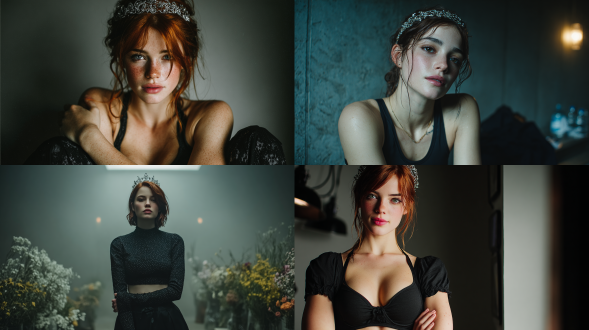 一张电影感的时尚写真肖像，主角是一位坚强的年轻女性。她身着一件剪裁利落的复古紧身上衣和高腰黑色长裤，头戴精致的银色王冠，红棕色的头发打理得柔和有型。她双臂轻轻交叉于身前，双手搭在肩上，姿态平静而内敛。背景为低调的灰色，采用柔和的漫射光线，画面极具真实感。