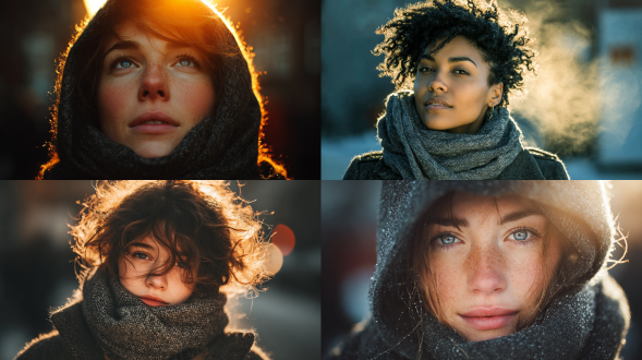 全身像，一个年轻女人身穿厚重的羊毛大衣，围着围巾，站在柔和的冬日阳光下。寒冷的空气中，呼出的气息清晰可见。背景微微泛着光，她双手插在口袋里，营造出一种平静而宁静的氛围。