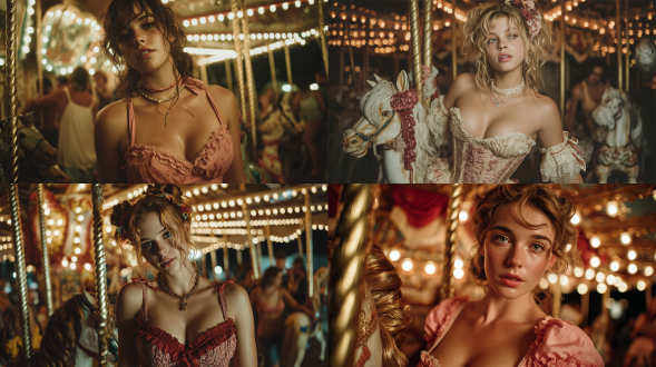 杰作, 最佳画质, 电影感的夜间摄影: 一位梦幻的公主洛丽塔少女, 站在一个夜晚发光的复古旋转木马旁边。 # 场景 旋转木马装饰华丽, (被成千上万的温暖金色灯光照亮, 在背景中创造出神奇的虚化光斑效果。她斜靠在一匹制作精美的木马上。