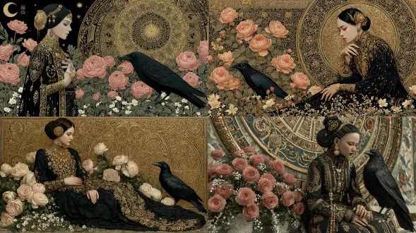 这幅图像展现了一位身着华丽服饰的女性。她身穿一件黑色的长裙，裙子上装饰着精致的金色花纹，显得高贵典雅。她的长发乌黑亮丽，盘绕在头顶，点缀着金色的发饰，增添了几分神秘与华丽。 女性的姿态优雅，右手轻轻放在胸前，头部微微低垂，眼神看向下方，流露出一种宁静而深邃的气质。她的身旁，一只黑色的乌鸦静静地站立在繁茂的花丛中，乌鸦的羽毛乌黑发亮，与女性的服饰相呼应。 花丛中盛开着多朵粉红色的玫瑰花，花朵饱满，花瓣层层叠叠，显得娇艳欲滴。花丛中还点缀着一些细小的白色花朵和绿色的枝叶，增加了画面的层次感和丰富度。 背景是一个复杂的金色圆形图案，图案上有精美的花纹装饰，给人一种古典而神秘的感觉。整个画面色调以黑色、金色和粉红色为主，营造出一种神秘、华丽且略带暗黑的氛围。图像右下角有一个小小的签名，可能是创作者的标识。