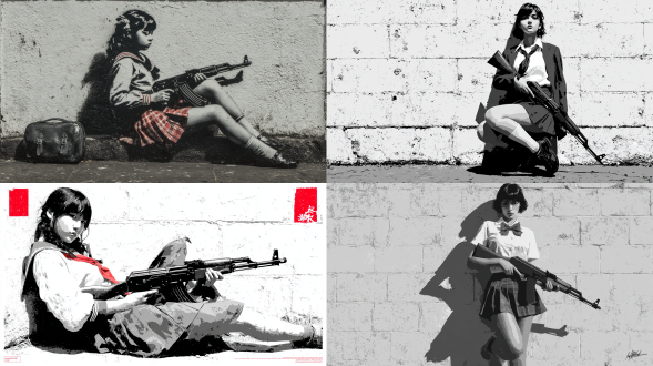 stencil art style, inspired by banksy, black and white, high contrast. a japanese schoolgirl leaning casually against a wall, holding an ak-47 in her hand. minimalist graffiti aesthetic, urban street art vibe, clean sharp lines, bold shadows, white background