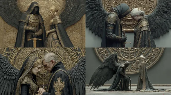 在女子身前，站着一个身披金边黑色长袍、头戴兜帽的神秘男子。男子的双腿部分被女子所倚靠，他双手握住巨剑的剑身部分，身体微微前倾，头部低垂，与女子共同围绕着这把巨剑，仿佛正在进行某种庄严的仪式或有着某种特殊的联系。 男子背后展开着一对巨大的黑色羽翼，羽翼上的羽毛细节丰富，在语义中夹杂着金色。纹理清晰，增添了画面的神秘感。背景哥特式巨大金色纹章。，进一步强化了神秘而庄重的氛围。