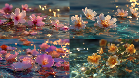 漂浮在水面上的花瓣的数字绘画，黄金时段的光芒，蜜糖般的光线，柔和的散景反射，宁静的氛围