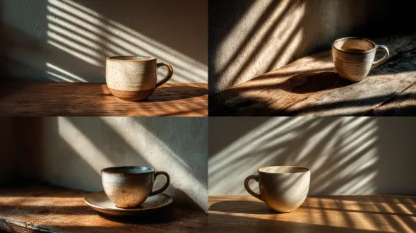 "极简主义室内静物，木桌上的白瓷杯，午后阳光斜射形成光束，柔和的自然光，浅木色与米白主色调，微尘可见，俯视构图，50mm定焦镜头，浅景深，电影质感，低饱和暖调，静物摄影，极简线条，光影层次，宁静氛围。"