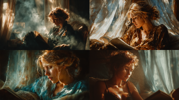 女人在窗边阅读，柔和水彩风格，亚麻窗帘透光，温暖光线，尘埃漂浮，宁静氛围，自然光，侧面轮廓，柔和阴影，淡雅色调，细腻笔触，柔和焦点，沉浸式阅读，舒适家居，安静祥和，浅色系，慵懒午后，薄纱质感，温柔情感。