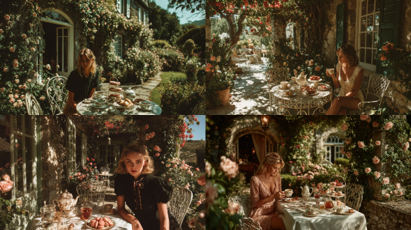 一位美丽的20岁英国少女, 正在一个繁茂的花园里享用下午茶。 花园里长满了攀爬的玫瑰, 被常春藤覆盖的石墙, 和一张复古的白色铁艺桌子。桌上放着一套瓷器茶具、马卡龙和蛋糕。阳光穿过树叶, 形成斑驳的光影