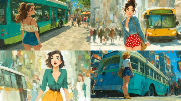 一位穿着短裙的20多岁漂亮女子，在城市公交站台上望着即将开走的公交车，脸上带着些许慌张的表情，背景是充满生活气息的动态城市街景。