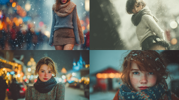 一位穿着短裙的漂亮女子，在寒冷的街道上正将一条柔软的围巾围在脖子上。她身着冬季服装，背景是带有真实户外光线效果的雪景。