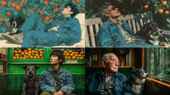 画面以“人-犬”为核心，聚焦微小的生活片段。穿牛仔外套的男子松弛倚坐，脚搭扶手、侧头凝视的神态，与端坐右侧同步望向同一方向的黑白犬形成默契互动——没有刻意的“摆拍感”，更像日常陪伴的自然定格。背景的绿林与橙红柿子是巧思：深色衣着与葱郁林木形成明暗对比，跃动的柿子则为静谧氛围注入生机，仿佛能触摸到阳光穿过枝叶的温度。整体构图克制却有呼吸感，将“陪伴”与“悠然”提炼得细腻动人。