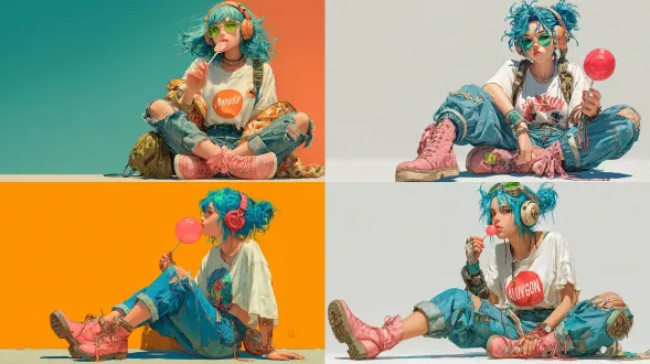 an female anime character eating lolipop, blue hair, wearing headphones, green eye, white tshirt and wearing pink boots, blue color jeans