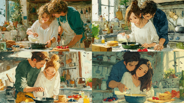 一对年轻情侣在温馨的厨房做早餐，晨光透过窗户洒入，女子穿着白色宽松上衣，男子从身后环抱，正帮她往平底锅中倒牛奶制作 pancakes，台面上摆放着蓝莓、草莓等水果和叠好的薄饼，背景有水槽、窗户和窗外飞鸟，画面光影柔和温暖，写实风格，细节丰富