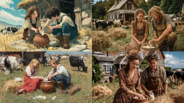 一对年轻情侣在乡村农场的木屋旁制作奶酪，阳光明媚，女子穿着碎花连衣裙，男子穿着工装背带裤和长筒靴，两人协作将牛奶倒入陶罐中；周围散落着奶酪块，背景是草地、干草堆和成群的黑白花奶牛，画面充满田园气息，光影自然写实，细节丰富