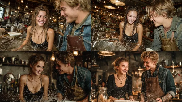 一对年轻情侣在工业风厨房嬉闹洗碗，水花飞溅，女子穿黑色吊带上衣，男子穿牛仔外套配棕色围裙，手持白盘互动；背景是金属厨具、灰色水泥墙与复古吊灯，光影动感且写实，充满活力氛围，细节丰富