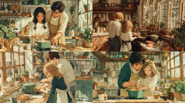 一对年轻情侣在温馨明亮的日式厨房共筑爱巢，晨光透过格窗倾洒，女子着白色吊带与灰色瑜伽裤（系浅棕围裙），正执木勺翻炒锅中美食；男子穿米白上衣（系同色系围裙）从身后温柔环抱，画面满是甜蜜氛围；厨房内原木色台面、白色厨具、悬挂的木勺与绿植点缀其间，光影柔和写实，细节细腻