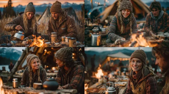 一对年轻情侣在野外露营，傍晚时分，围绕着篝火，女子穿着户外背心，正将水壶里的水倒入火中，男子穿着格子衬衫、针织帽，两人亲昵互动；背景是山林、暮色天空，前景有露营炉具和燃烧的火焰，画面光影温暖有氛围感，写实风格，细节丰富