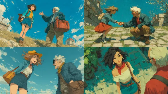 一位穿着短裙的漂亮女孩在蓝色的公园里，高兴地和老朋友打招呼。头发在风中飘扬，她身着休闲的春装，此刻正是晴朗的下午。