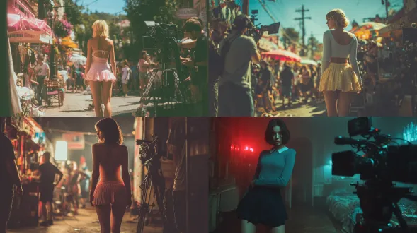 一位穿着短裙的漂亮女孩在电影拍摄现场，被认为是一名演员。她衣着干练，站在摄影器材旁，营造出一种电影般的氛围。