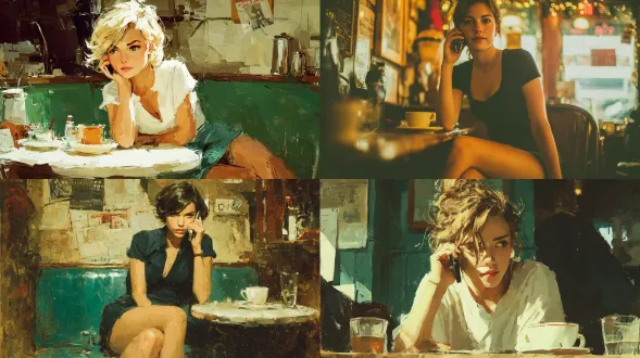 一位穿着短裙的漂亮女孩在咖啡馆里，把手机贴在耳边，脸上露出认真又担忧的表情。桌上放着一个喝了一半的咖啡杯，室内照明十分写实。