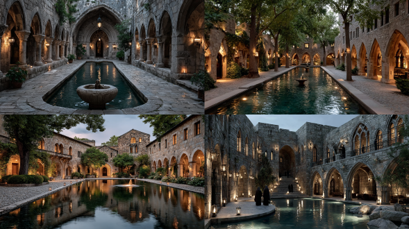 a cloister courtyard surrounded by stone arcades, central fountain rippling under twilight, monks walking in silence