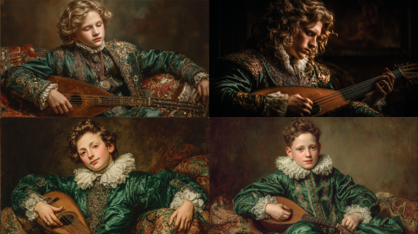 a young court musician wearing emerald satin doublet trimmed with gold thread, ruffled collar and silk cuffs, lute in hand under warm golden light