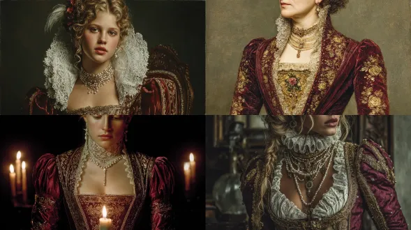 portrait of a florentine noblewoman in deep crimson velvet gown with gold brocade bodice, puffed sleeves embroidered with pearls, lace collar glowing in soft candlelight, baroque realism