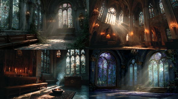 renaissance chapel at dawn, first light filtering through stained glass, dust shimmering like incense smoke, sacred calm